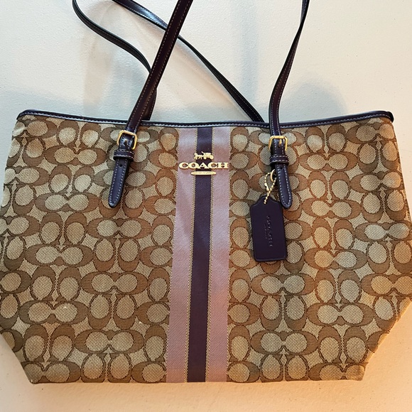 Brown with purple stripes tote - Picture 1 of 3